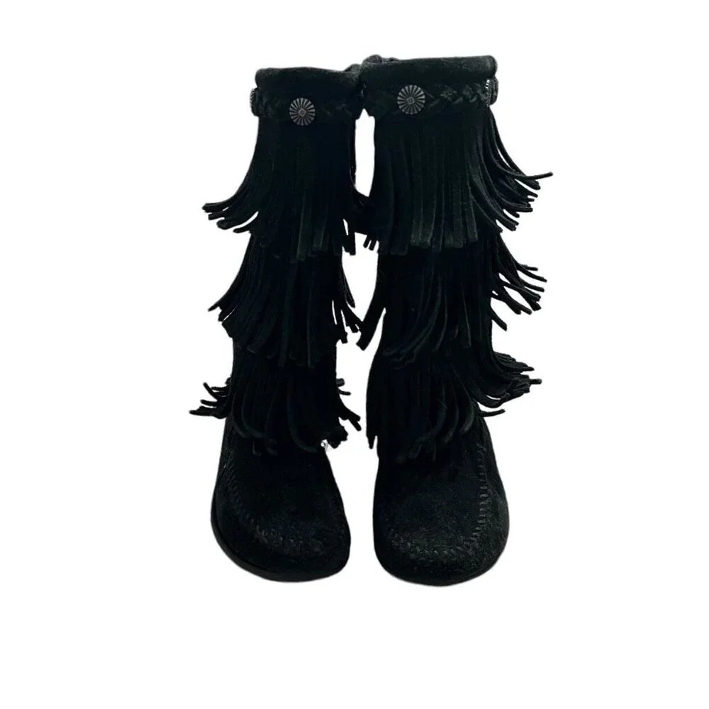 Minnetonka Sz 12 Black Suede Leather Fringe Boots